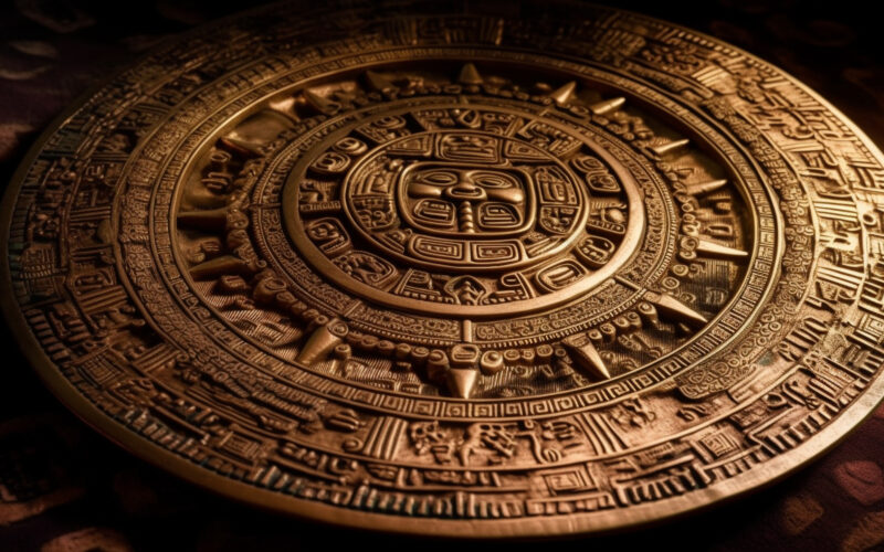 Civilização pré-Colombiana: Imagem representando o complexo e intrincado calendário astecas, um dos muitos testemunhos da avançada compreensão que essa civilização pré-colombiana tinha do tempo e da astronomia.