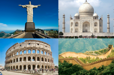 Fotos de 4 monumentos o primeiro é o cristo redentor, segundo O Taj Mahal na india, terceiro coliseu homano e o ultimo muralha da China