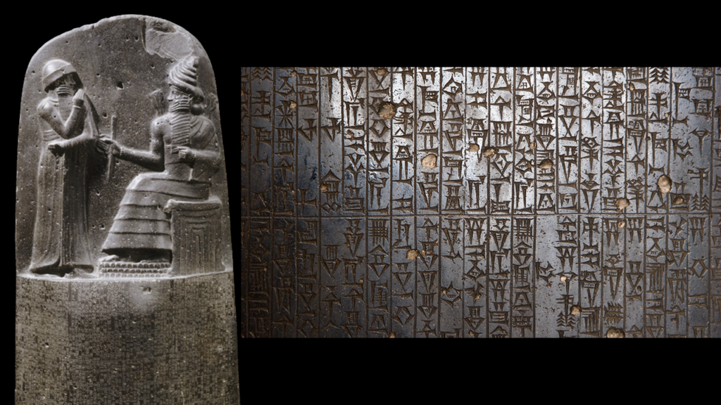 Representação da escultura do Código de Hamurabi e, ao lado, as escrituras do Código de Hamurabi na mesopotâmia