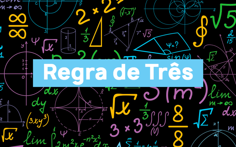 Imagem da capa apresentando diversas equações matemáticas ao fundo, com o título Regra de Três em destaque no centro.