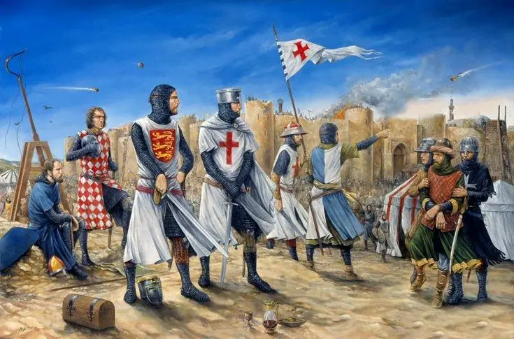 A imagem mostra uma representação artística de um grupo de cavaleiros e soldados durante o período das Cruzadas.